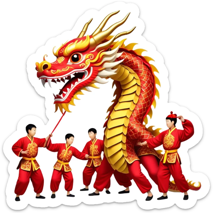 Cinematic Realistic scene of a traditional Chinese Dragon Dance featuring a team of performers skillfully manipulating a colossal, flexible dragon puppet, its intricately detailed, vibrant scales and flowing, embroidered fabric catching the light, set against a festive backdrop of red lanterns and dynamic red-tinged lighting that accentuates the majestic presence of the dragon puppet. sticker