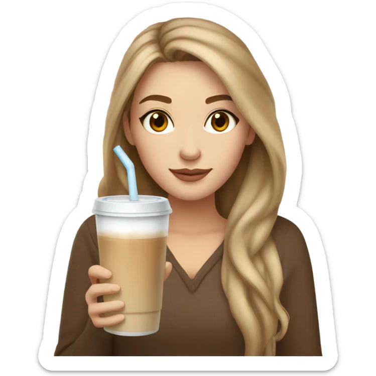 Beautiful white woman, long light brown hair, brown eyes, cozy holding an iced coffee sticker
