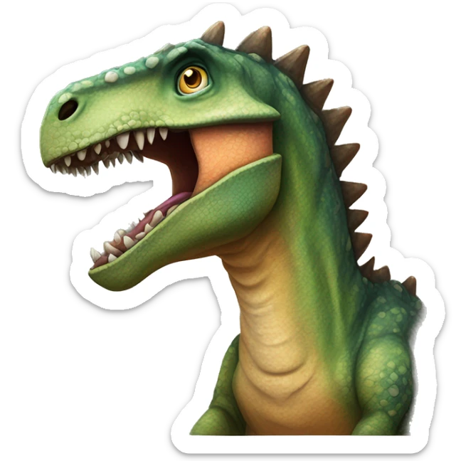 the head of a dinosaur with a beak-like mouth, scaly textured skin, and a row of small spines along its back. The dinosaur has a curious expression with wide eyes and an open mouth. Use vibrant colors to emphasize the dinosaur's playful sticker