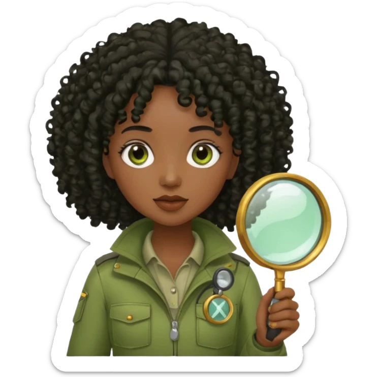 dark skin curly black haired woman in moss green explorer outfit, holding magnifying glass sticker