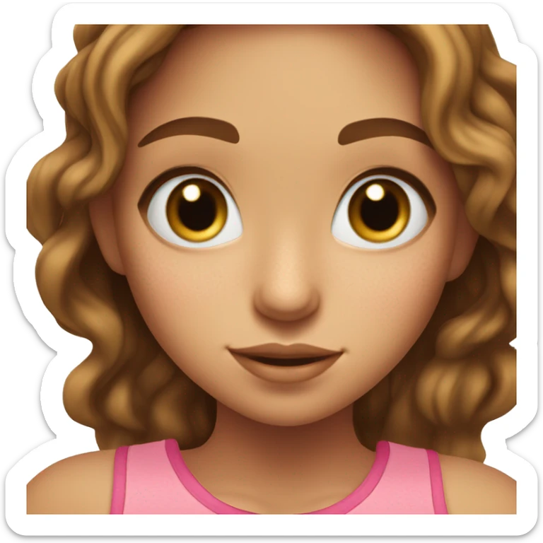 Girl with blue eyes, long eyelashes, freckles, and wavy brown hair, wearing a gold necklace, wearing a pink tank top sticker