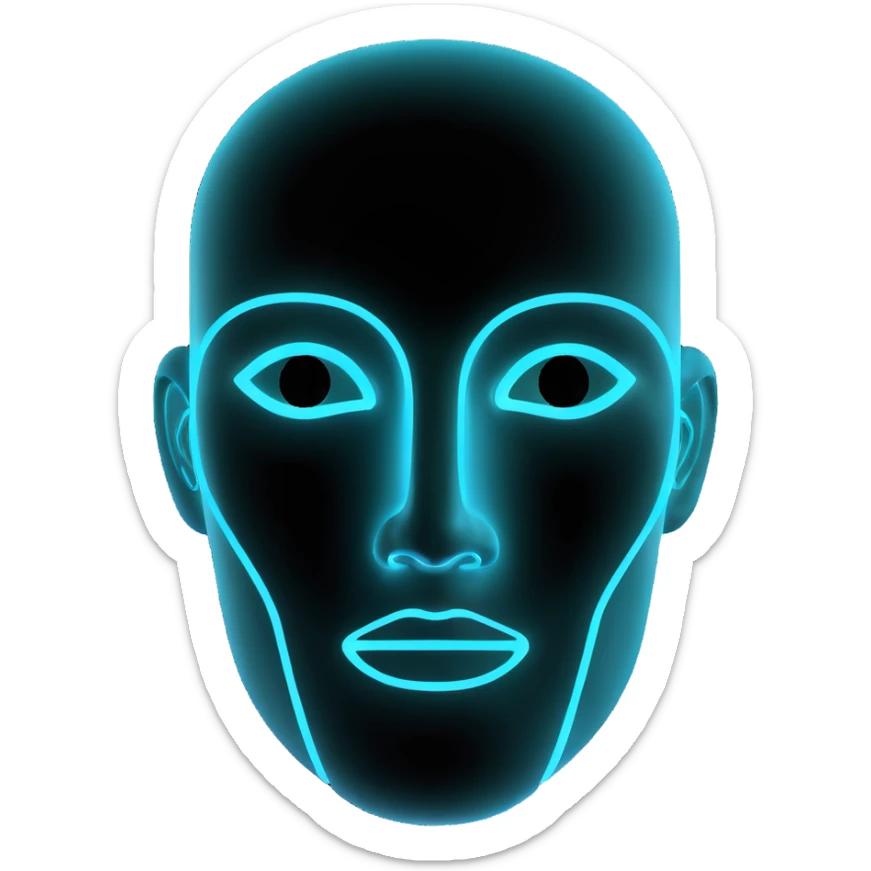 Minimalist futuristic AI avatar — clean glowing outline of a humanoid face, half-abstract with light reflections. sticker