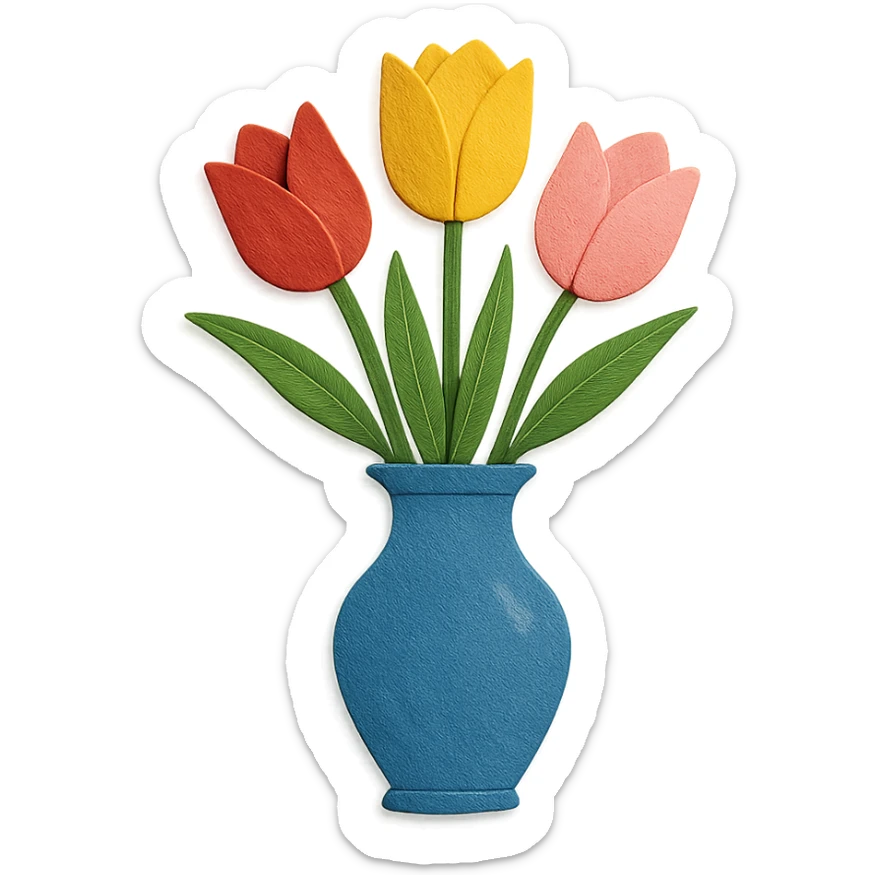 vase of tulips, layered paper details, multiple tulip colors, elegant arrangement sticker