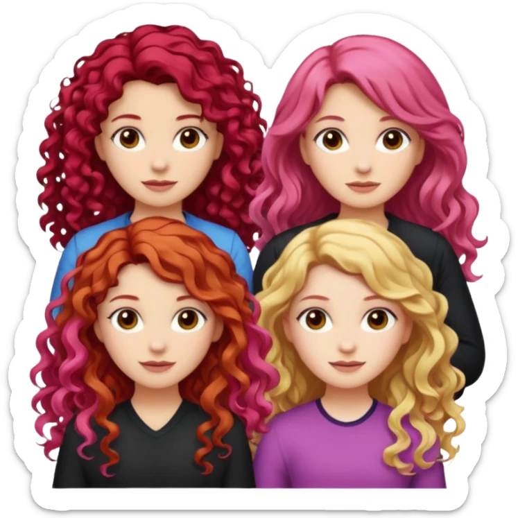 5 girls, one curly redhead, one with brunette dyed blonde hair, one long haired wavy brunette, one mid-length haired brunette, and one black haired girl with partially dyed bright red/pink hair sticker