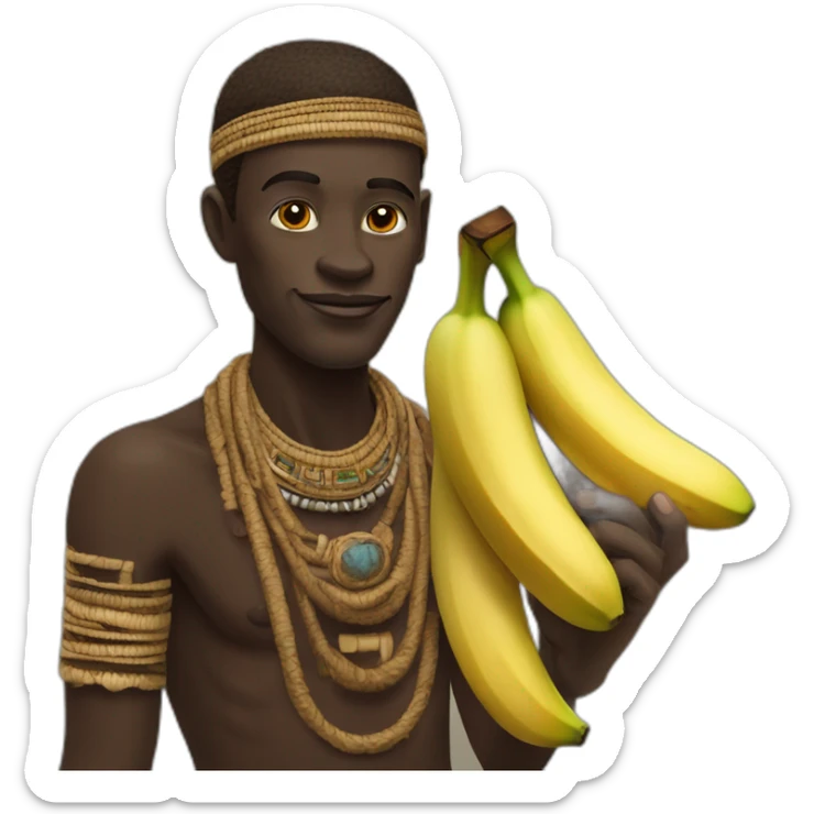 Un homme d’une tribu africaine et un singe tiennent une banane sticker