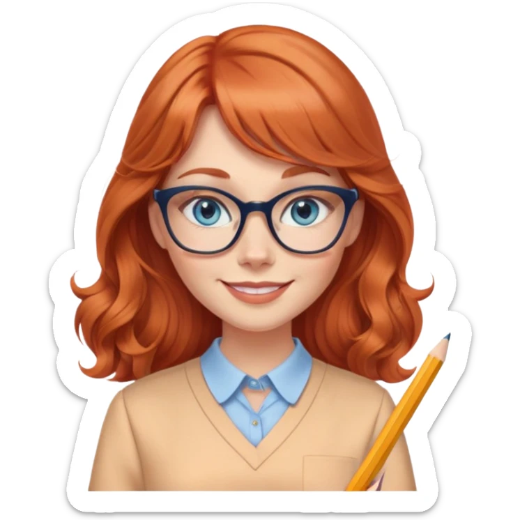 smiling redheaded woman with long wavy hair and bangs, blue eyes, cat-eye glasses, pencil skirt, apricot blouse, holding a pencil sticker