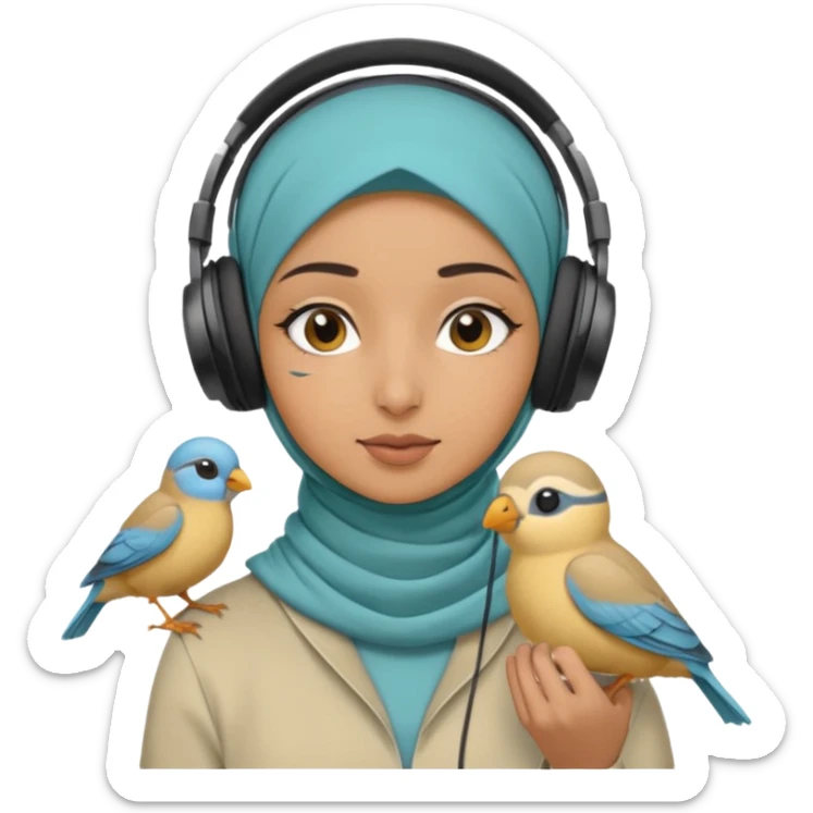 A hijabi girl with a medium skin tone wearing headphones with a small birdie on her head sticker