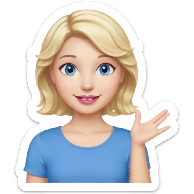 Girl Blonde short wavy hair,  blue eyes, cute blue top, long lashes, pink lips, smiling, one hand in the air sticker