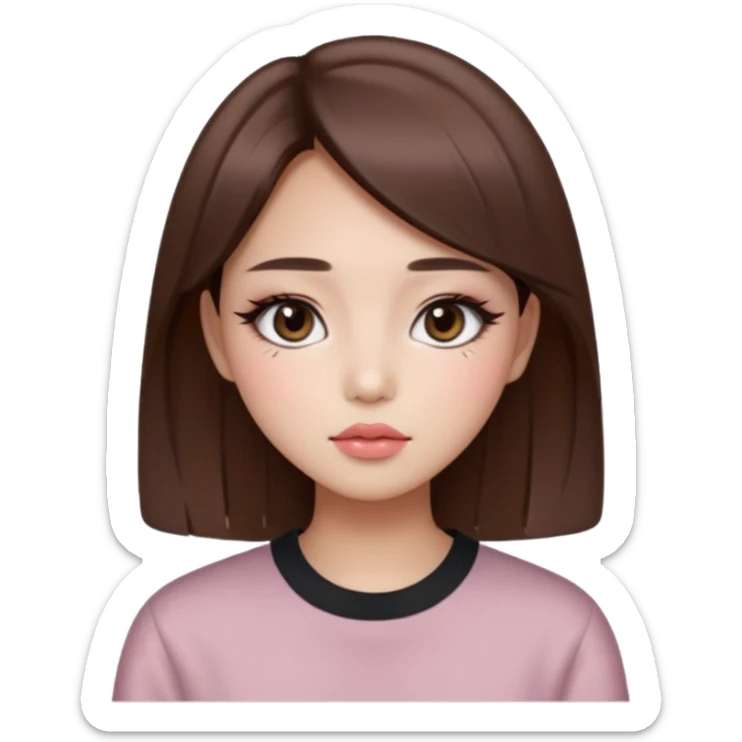 “korean straight brown hair Emoji girl, soft eyeliner and blush, gradient lips, light brown shimmer eyeshadow sticker