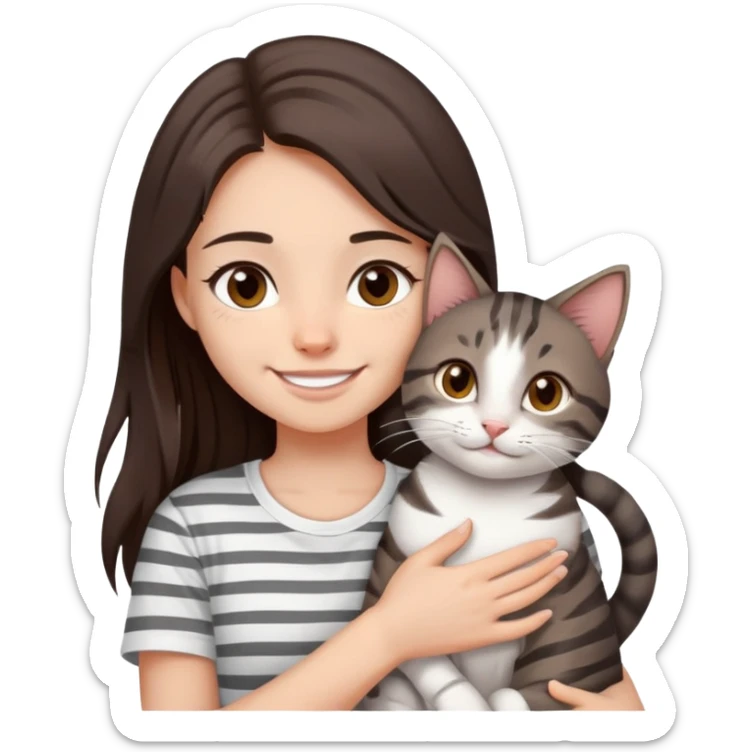 a girl with long dark brown hair, in a
white T-shirt and brown eyes, smile, hugs a tabby
dark grey and white strips one cat sticker