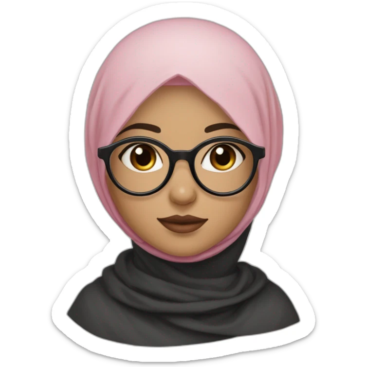 Black hijab white fair skin girl brown eyes wearing round circular metal glasses no make up big cheeks almond eyes pink lips triangle nose sticker