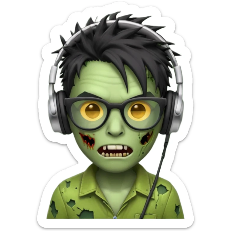 make a zombie iphone emoji with black  glasses, scratches black spiky hair and headphone, green skin
 sticker