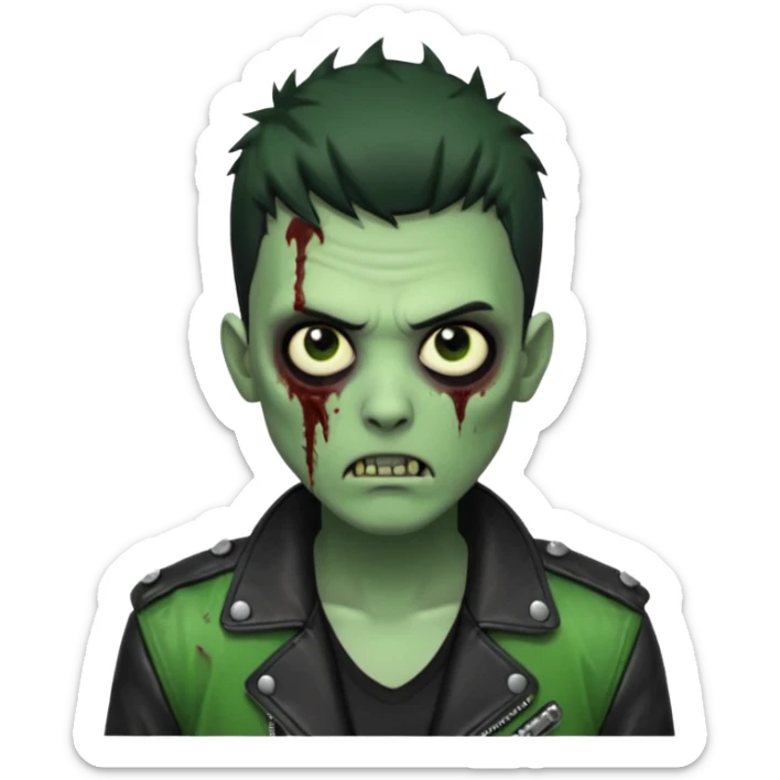 Hombre zombie de piel verde con chaqueta de cuero punk, pelo corto negro sticker