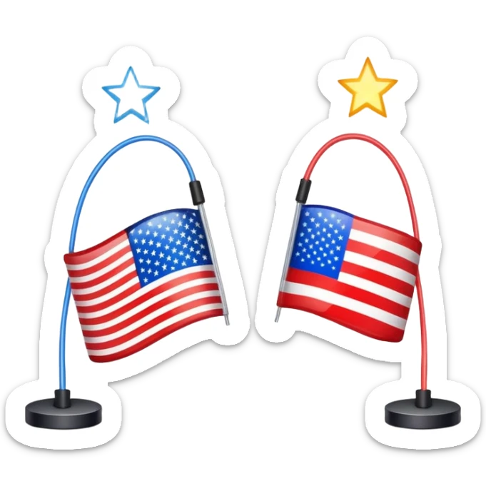 symbolic hot wire connecting Russia and USA with Russian and US flags at each end, glowing wire in the middle, tense atmosphere sticker