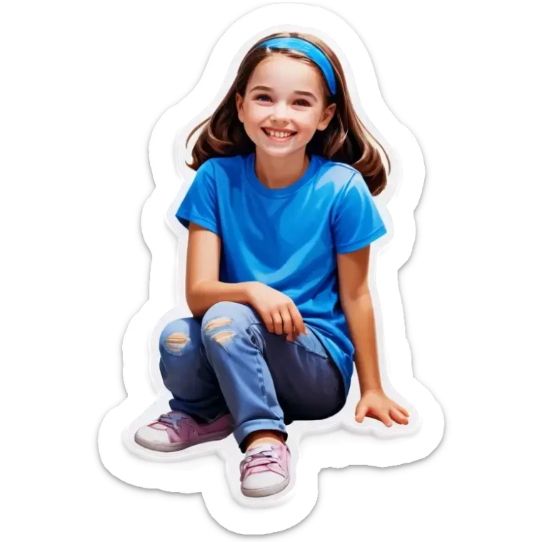 Little Girl, white skin, bronze hair, smile, tutor, bright blue t shirt, icon  sticker