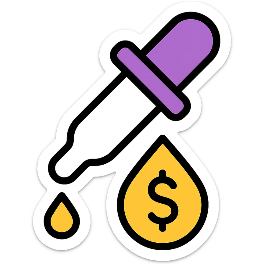colored icon of a pipette with a golden drop, dollar sign inside the drop sticker