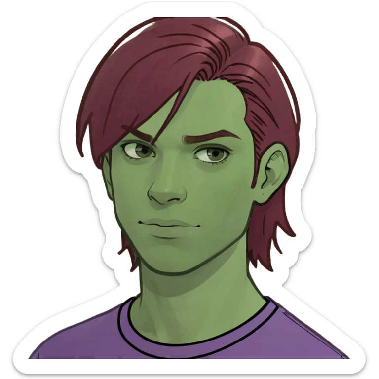 teen boy, dark red hair, mullet hair cut, wearing purple tshirt sticker