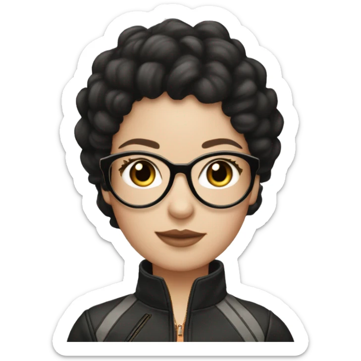 a white - skinned girl wearing round rosegold glasses, layer blackhair ride a race car and be stylish sticker