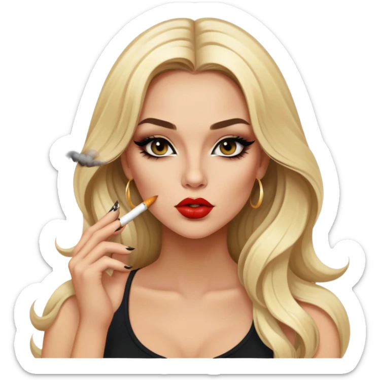 blonde gorgeous girl long hair with latina makeup smoking a cigarette and blowing smoke baddie winged eyeliner  sticker