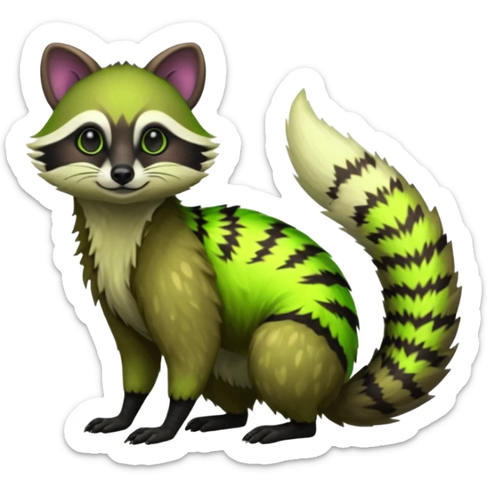 Iridescent Neon Green Civet-Tanuki-Numbat-Sergal-fusion-hybrid-animal-creature, full body sticker