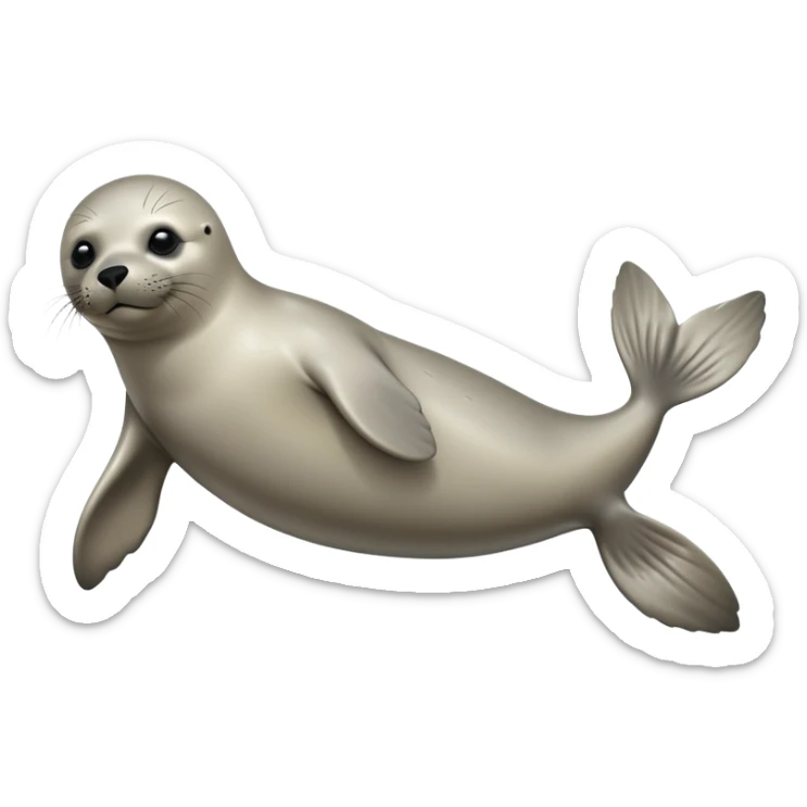 cinematic-seal-realistic-full-body-lounging-emoji,-sleek-body-stretched,-short-smooth-fur-glinting-in-the-sea-breeze,-flippers-tucked-comfortably-beneath-its-body,-large-dark-eyes-filled-with-playful-curiosity sticker