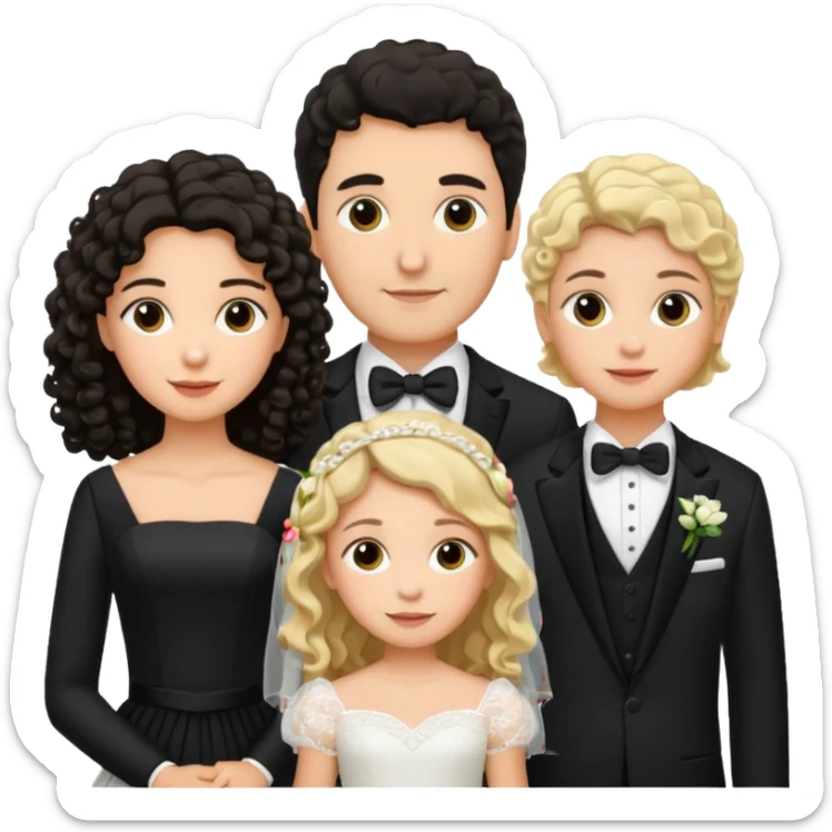 Familia : Novio pelo oscuro, Novia pelo rizado oscuro, hija mayor pelo mono , hija menor pelo oscuro. sticker