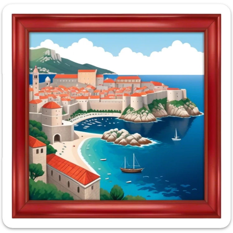 Cinematic Realistic aerial view of the historic city of Dubrovnik, showcasing its iconic red-roofed architecture, fortified walls, and sparkling Adriatic coastline, rendered with rich textures and warm Mediterranean lighting that captures its old-world charm. sticker