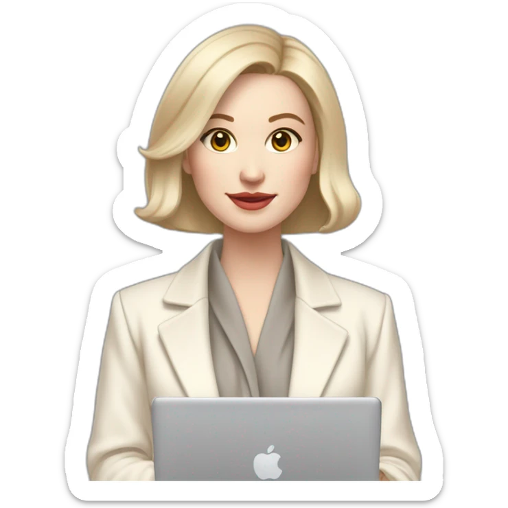 pale skin woman with ash blonde Straightened bob Hair, White Spacious classical jacket, beige palazzo Arrow pants and gray blouse holding a MacBook in the hands sticker