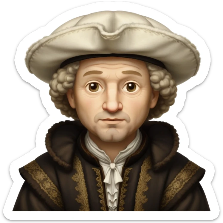 emoji of rembrandt,-shown-as-a-master-artist-with-deep,-introspective-eyes-and-richly-detailed-period-clothing,-rendered-with-dramatic-chiaroscuro-lighting-that-emphasizes-his-legacy white puffy hat sticker