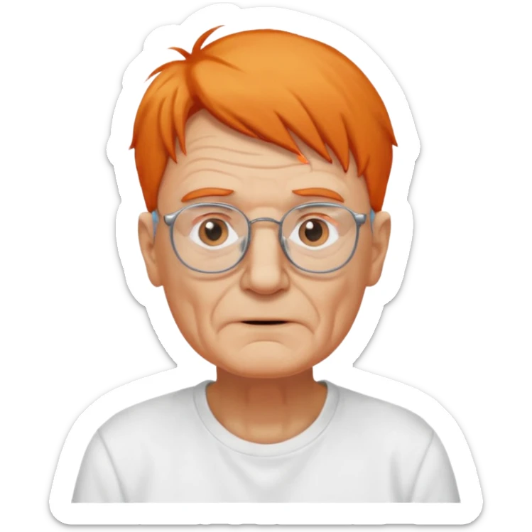 old man, orange hair, no mustache, wearing glasses, long face, wearing a white t-shirt sticker