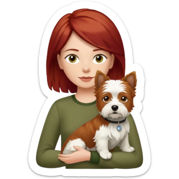 Westhighland white terrier dog being held by woman with dark shoulder length red hair and hazel eye wearing olive green top sticker