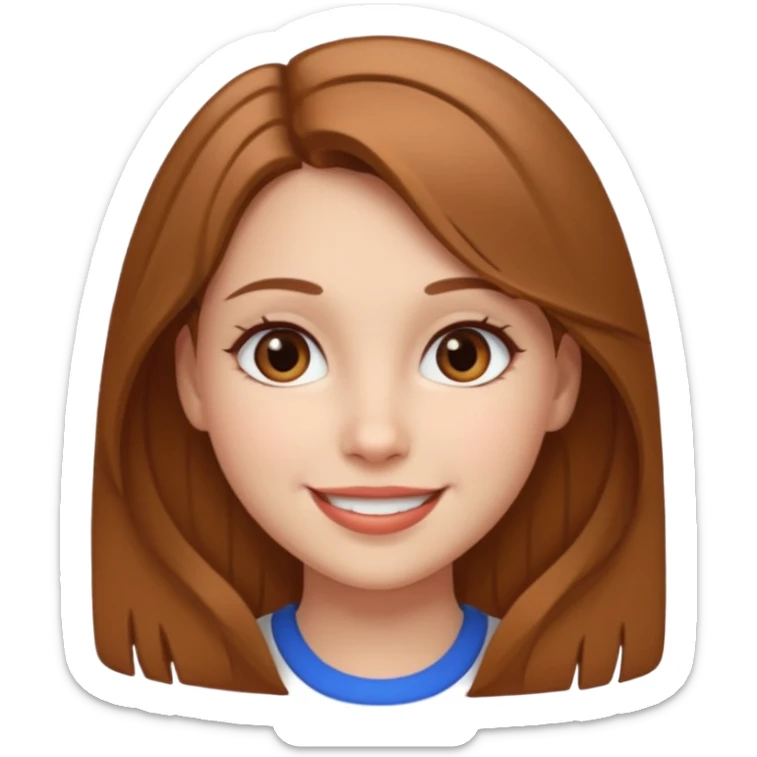 apple style emoji of a smiling girl with fair skin, slightly slanted brown eyes, full lips, and light brown hair sticker