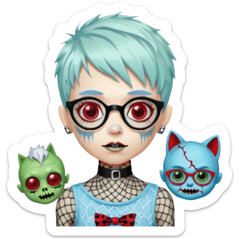 White hair, Ghoulia yelps monster high doll in scene/emo style cherry print dress with fishnet sleeves, clothes, thin, small, red, rectangle glasses, pale white-blue skin, pale-green shaggy pixie-cut , zombie scars , boy, punk choker sticker