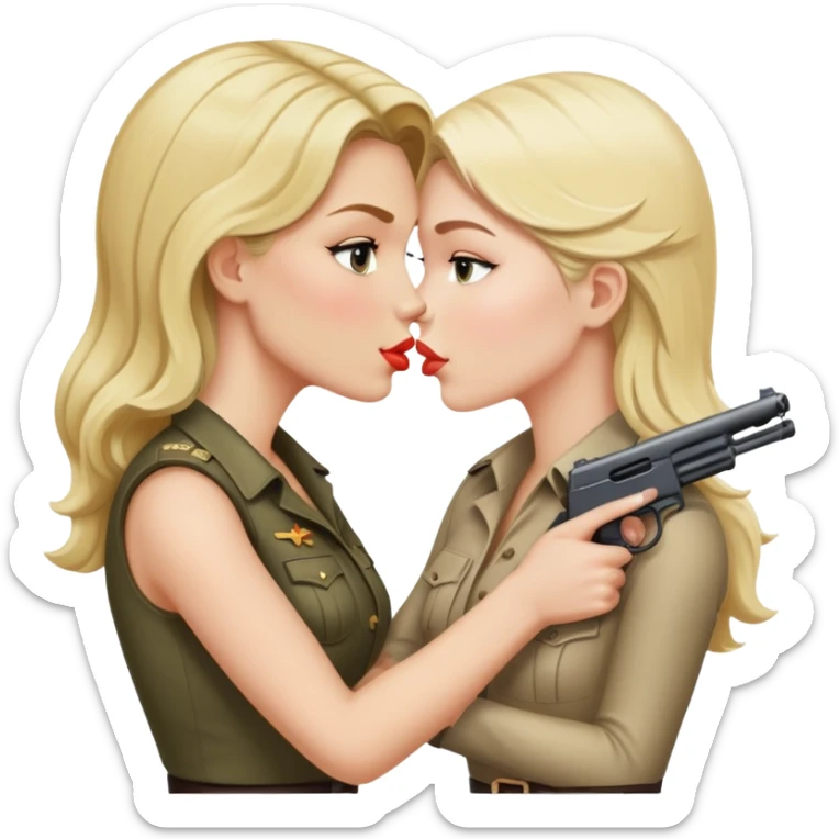 blonde woman kissing brunette woman. both holding guns.  sticker