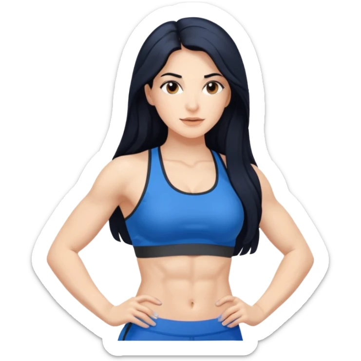 Spanish woman with long black hair, in a blue fitness gym fit with abs sticker