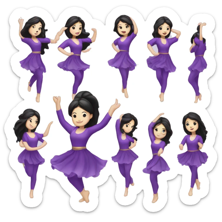  illustrated logo, kawai woman, white woman dancing, long black hair, bright eyes, purple clothing, white skin sticker