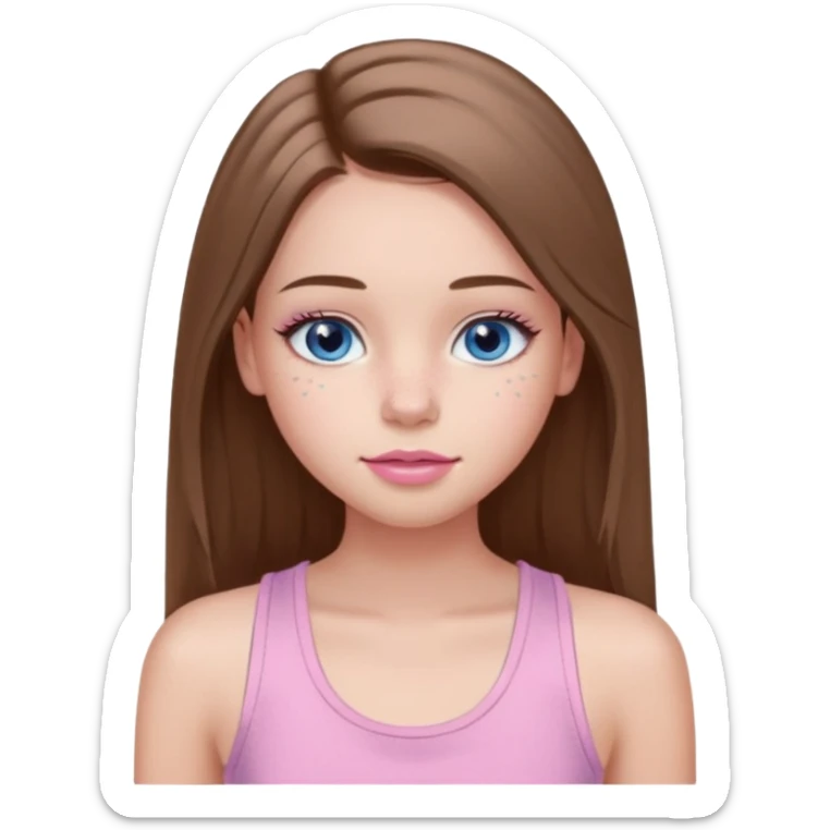 Create a TEENAGE girl with LONG and straight light brunette hair with a middle part, light skin, light freckles, and blue-gray eyes. She will have pink lips and LONG eyelashes. She will be wearing a light pink tank top sticker
