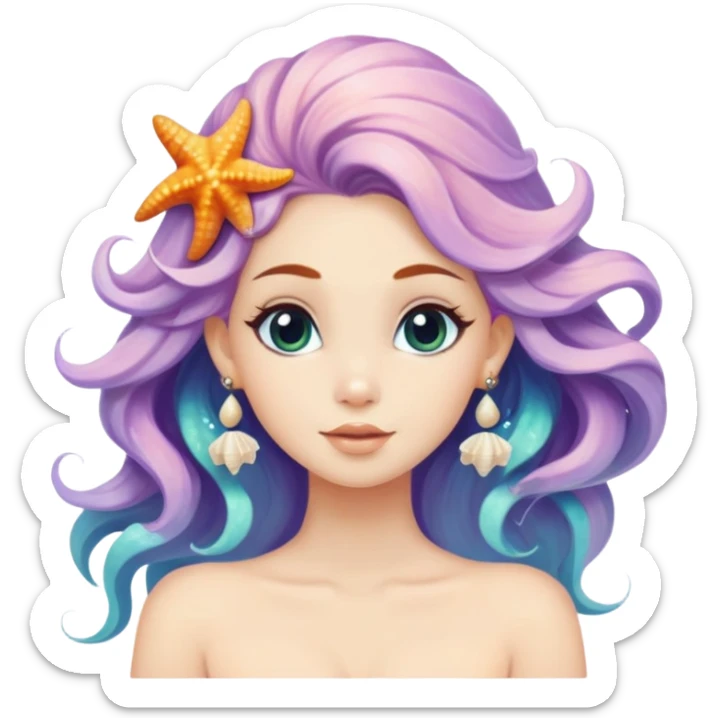 mermaid with seashells in hair, starfish earrings, ocean hair sticker