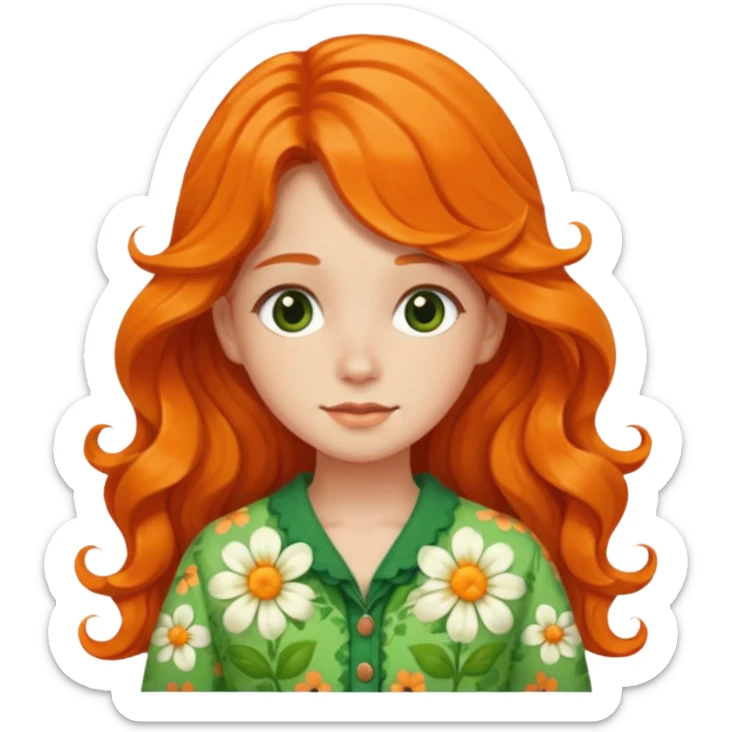 orange wavy long hair girl with wearing green cottage core flowery clothes sticker