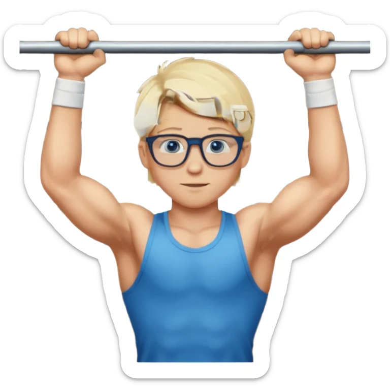 Wygeneruj mi emotke ubranego chłopaka i pokaż go od stóp do głów o włosach blond z niebieskimi oczami w okularach, który próbuje wisieć na drążku sticker