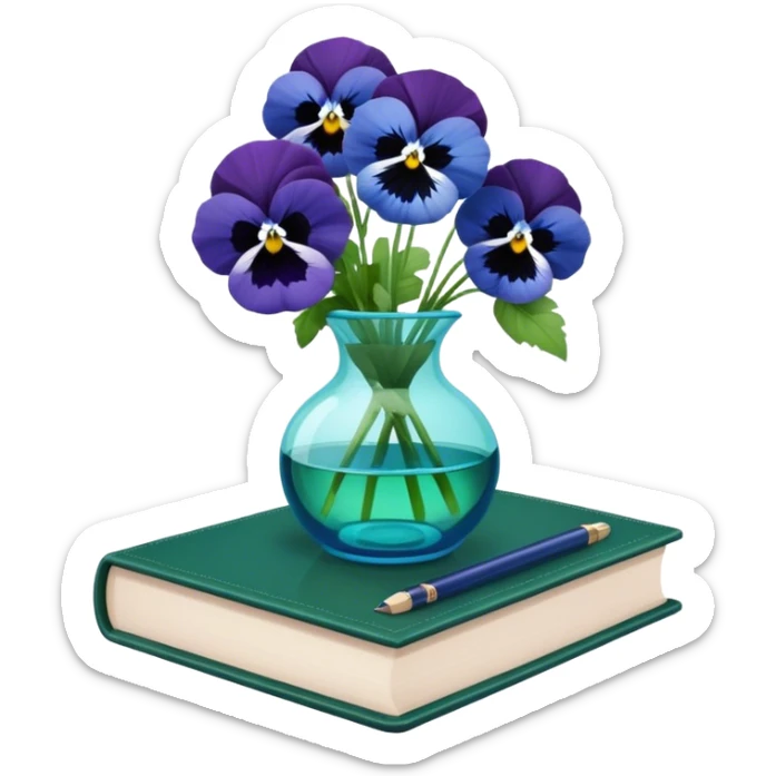 Aesthetically arranged books in dark green and next to them a bouquet of blue pansies in a light green glass vase sticker