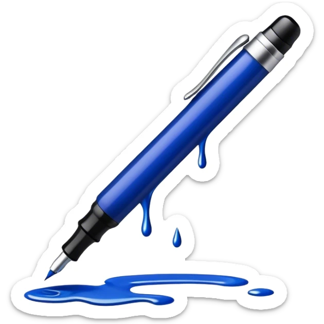 Create a vibrant emoji featuring a classic ink pen (fountain pen) as the main symbol of prose writing. The design should highlight the elegant curves of the pen, with ink flowing from the nib onto a blank page or scroll. Use deep ink blue, black, and subtle metallic accents to convey sophistication and creativity. The emoji should be simple yet striking, representing the art of storytelling. Make the background transparent. sticker
