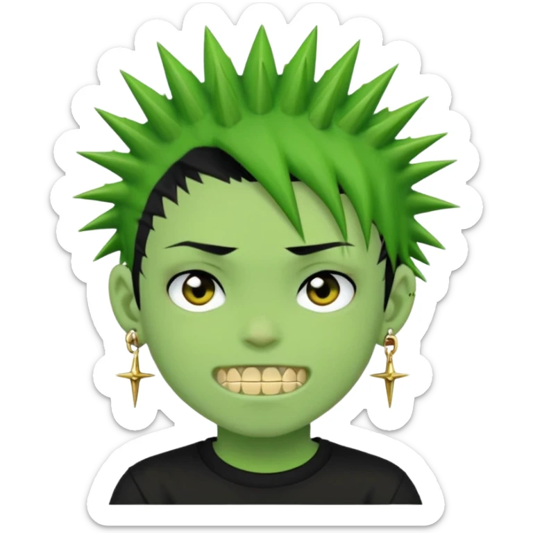 green zombie boy with spiky black emo hair and a black shirt with piercings and gold grilzz  sticker