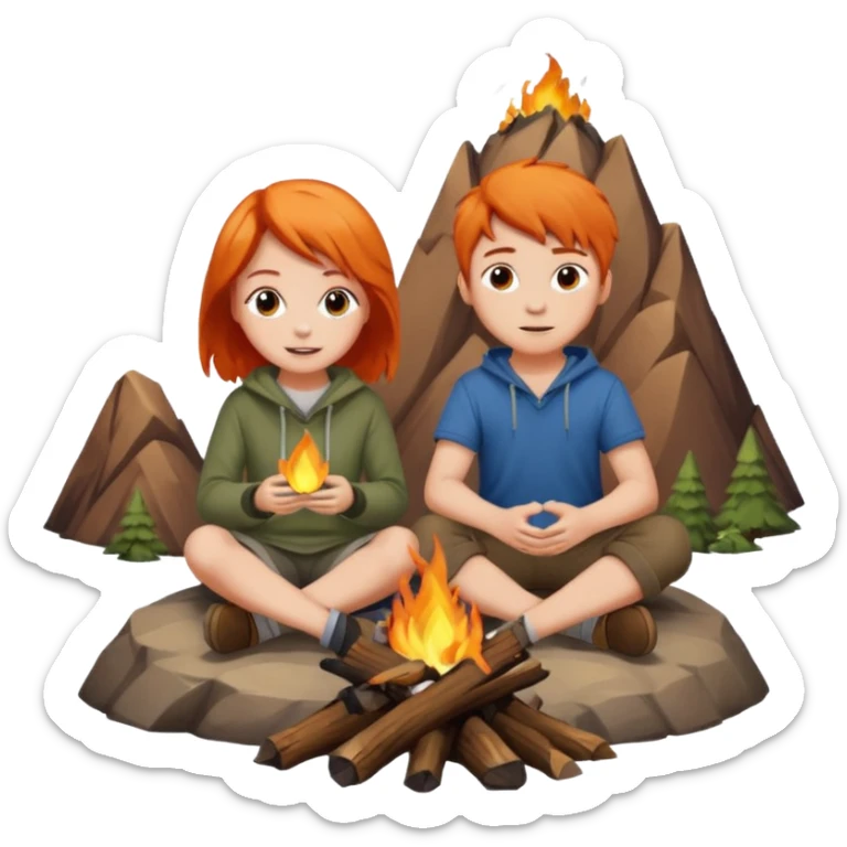 A girl with orange hair and a boy with brown hair sitting on the top of a mountain in front of a campfire sticker