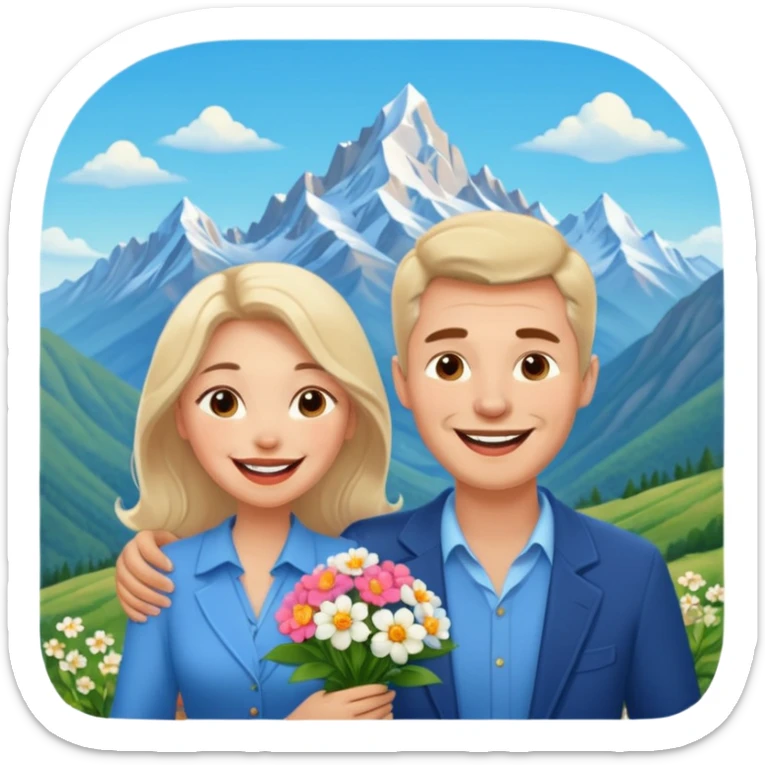 Couple  laughing traveling russian man and elegant  Latina girl delicate flowers and mountains in the background  sticker