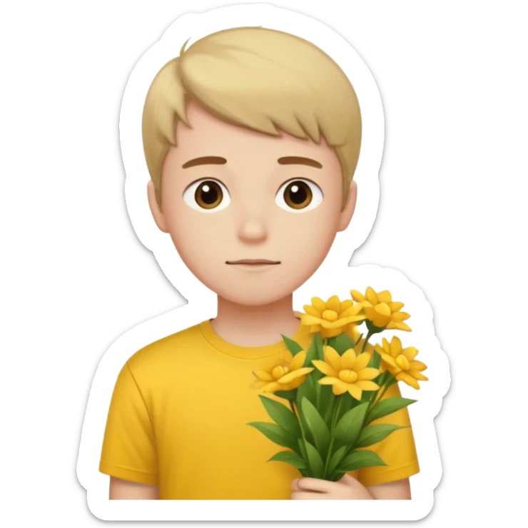 generate an ios genmoji of a 20 year old fair boy with faint upper lip hair (brown). should look like he cant grow a mustache., carrying a flower bouquet, wearing a yellow tshirt, looking shy sticker