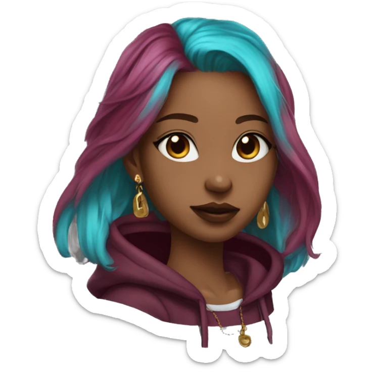 Deep pink maroon burgundy cyan dark hoodie person dyed hair and gold piercings nose piercing ear piercings sticker