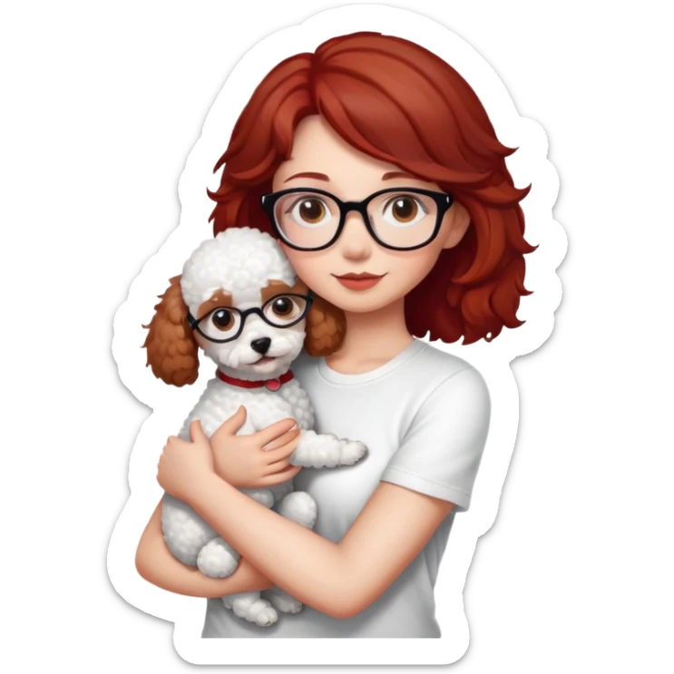 Girl with medium-short dark brown-red hair with glasses, white t-shirt, brown eyes, hugging a white toy poodle sticker