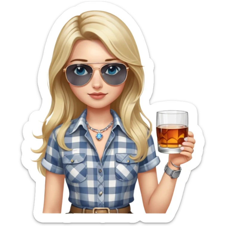 girl, long blond daisy in hair, wearing grey/white plaid shirt, with blue eyes and aviator sunglasses, wearing a ring on her silver necklace around her neck, holding a glass of whiskey, wearing rose gold apple watch,  sticker