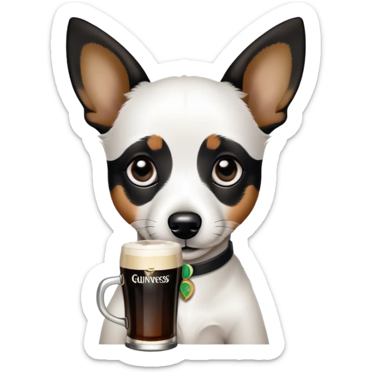 Black and white Jack russle puppy. Black pointy floppy ears. Black circles around eyes. Drinking a Guinness beer. The dog does not have brown hair sticker